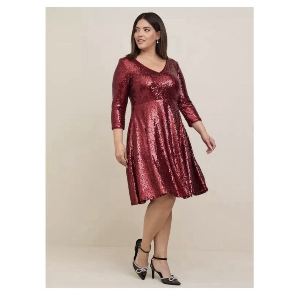 Torrid‎ Red Sequins 3/4 Sleeve Flare Skater Dress Holiday Concert Festival 5X